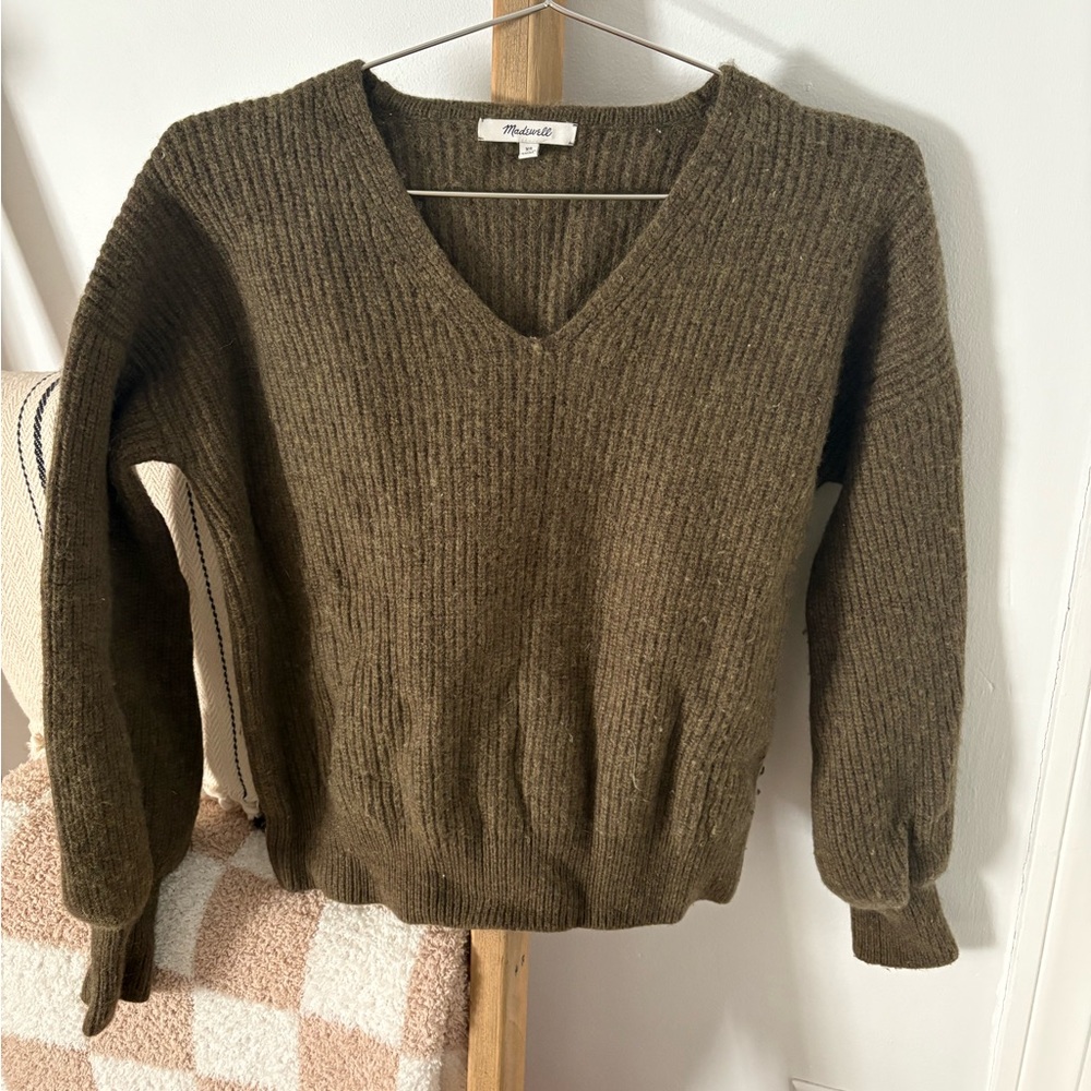 Madewell Green V-Neck Wool Sweater